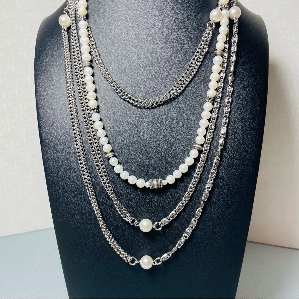 Two Necklace Stack Pearl and Silver Chain